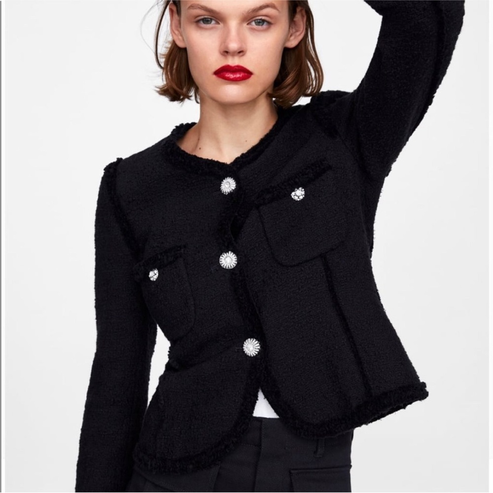 Zara Tweed Jacket Blazer w/ Crystal Rhinestone Buttons Black/White NEW